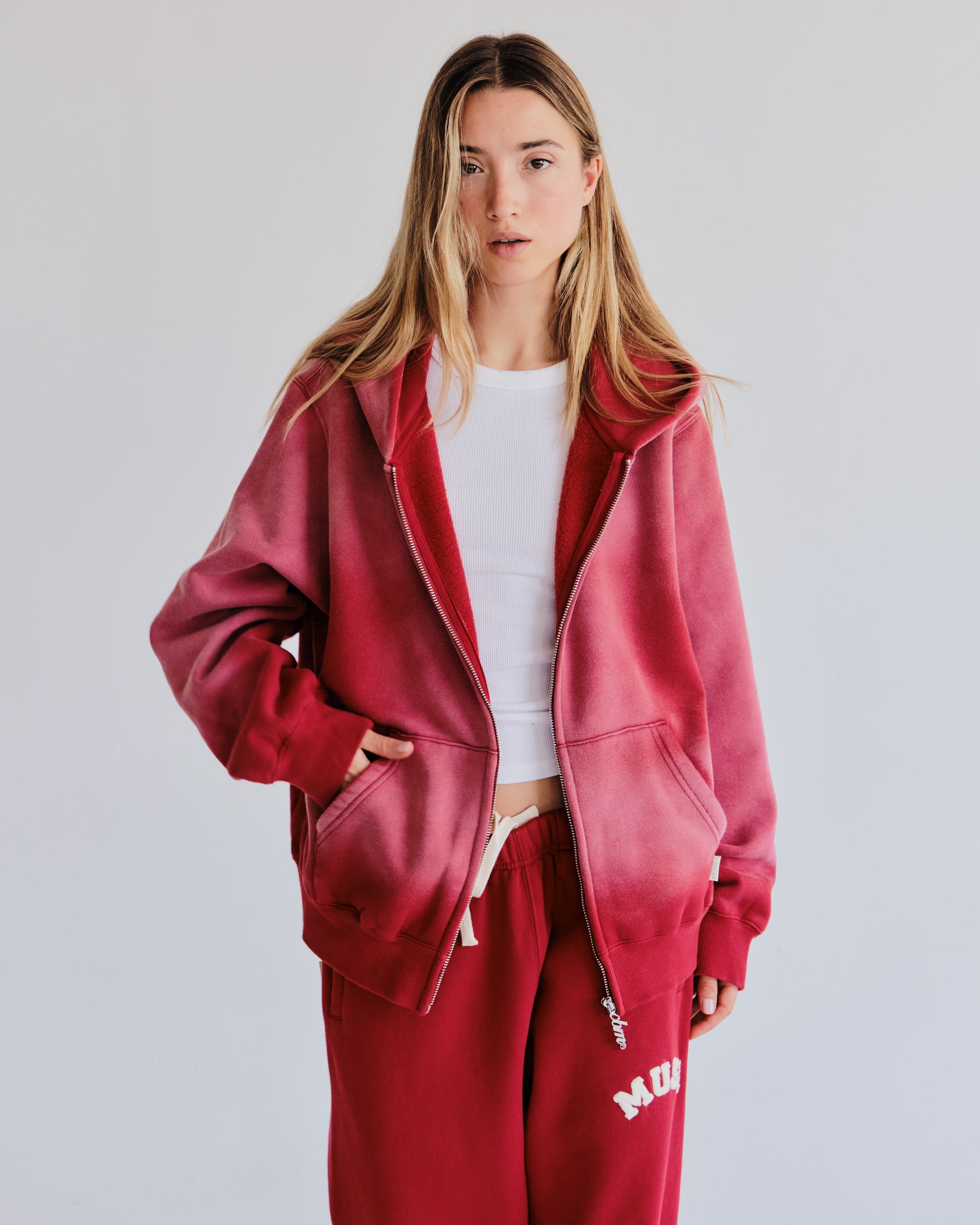 Heavyweight Wash Zip Up - Cranberry/Raven